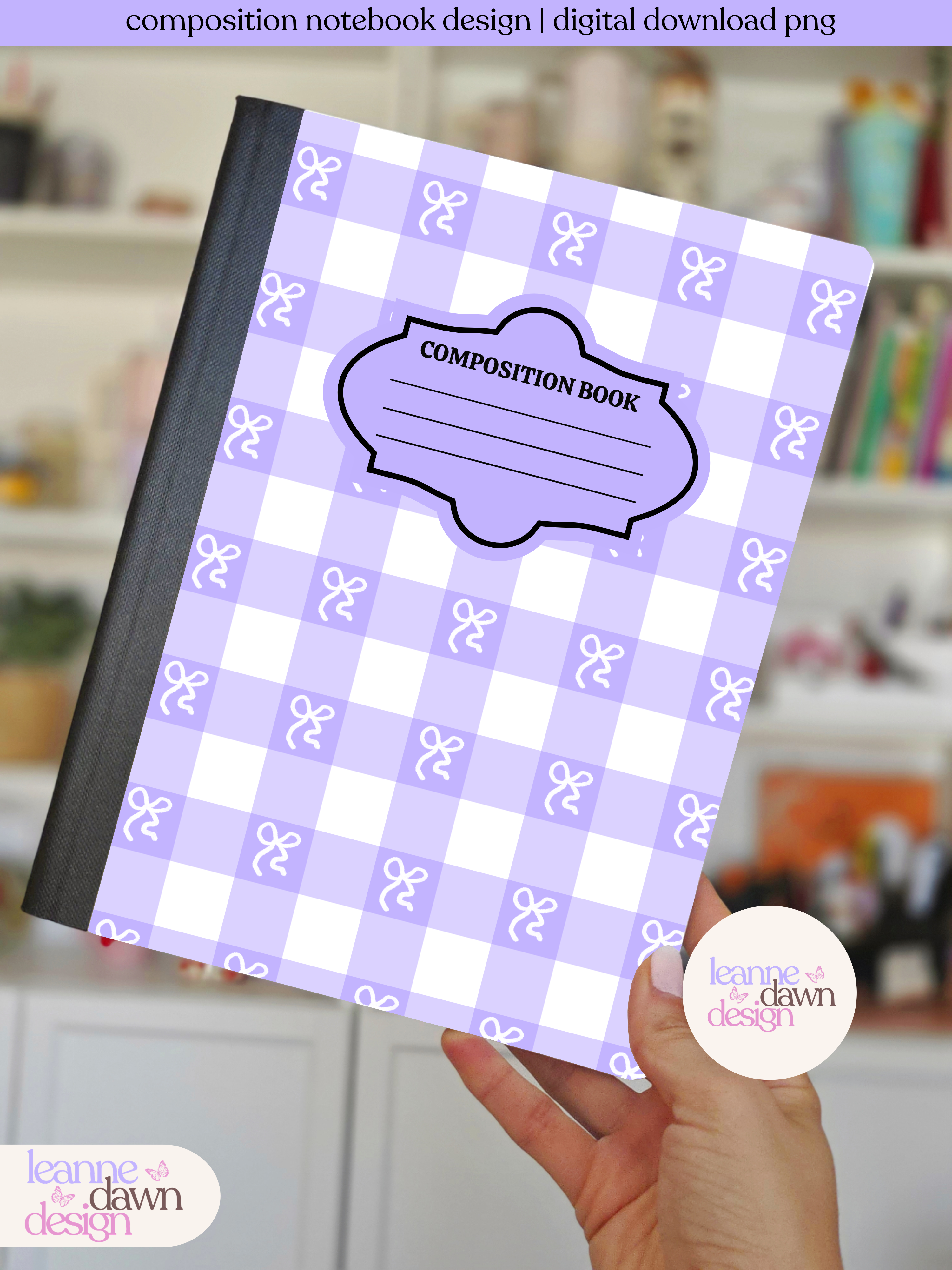 Lavender Gingham Composition Notebook Cover Design | Digital Download PNG